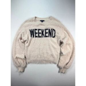 American Eagle WEEKEND Fuzzy Knit Sweater Womens Size Small Cream Word Print